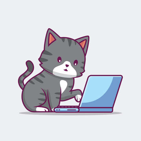Cute cat working on laptop cartoon illustrationのイラスト素材