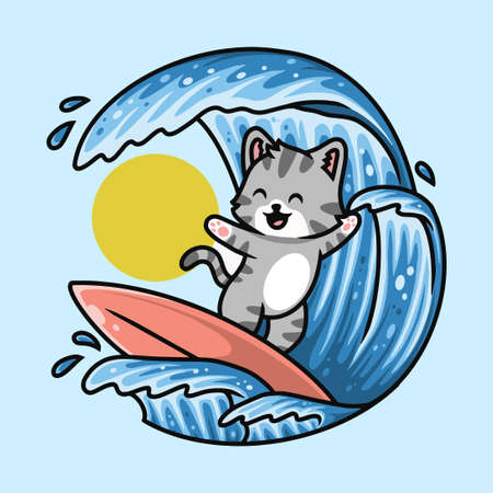 Cute cat surfing in sea cartoon premium vectorのイラスト素材