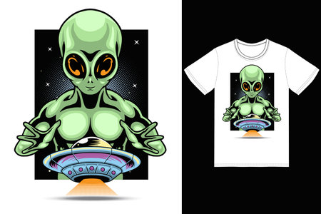 Alien catching ufo illustration with tshirt design premium vector the Concept of Isolated Technology. Flat Cartoon Style Suitable for Landing Web Pages,T shirt, Flyers, Stickersのイラスト素材