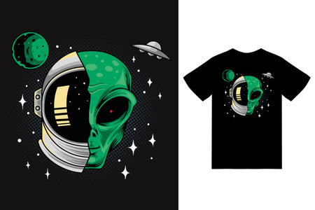 Alien and astronaut helmet illustration with tshirt design premium vector the Concept of Isolated Technology. Flat Cartoon Style Suitable for Landing Web Pages, Banners, Flyers, Stickers, Cards