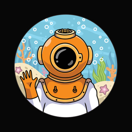 Cute diver waving hands illustration premium vector  The Concept of Isolated Technology. Flat Cartoon Style Suitable for Landing Web Pages, Banners, Flyers, Stickers, Cardsのイラスト素材