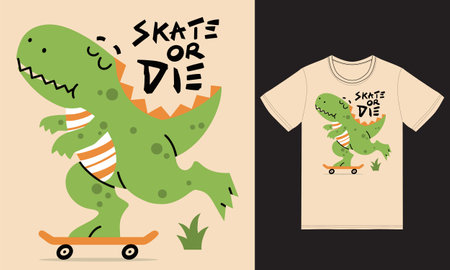 Cute dino playing skateboard illustration with tshirt design premium vector the Concept of Isolated Technology. Flat Cartoon Style Suitable for Landing Web Pages,T shirt, Flyers, Stickersのイラスト素材