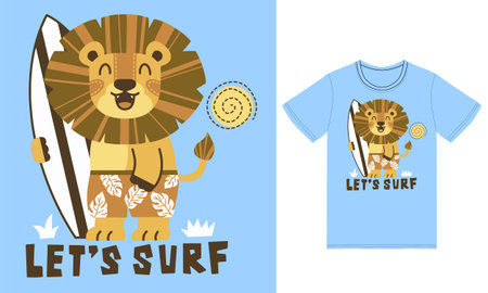 Cute lion surfing illustration with tshirt design premium vector the Concept of Isolated Technology. Flat Cartoon Style Suitable for Landing Web Pages,T shirt, Flyers, Stickersのイラスト素材