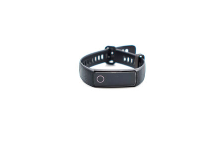 black digital smart fitness watch bracelet with touch screen isolated on a white background