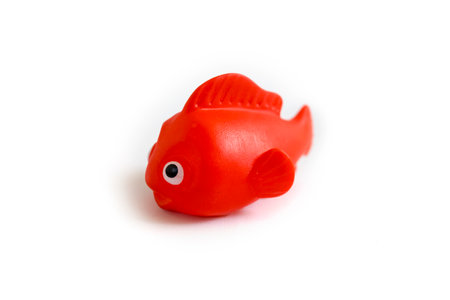 red rubber fish toddler toy used to play when bathing isolated on a white background.の写真素材