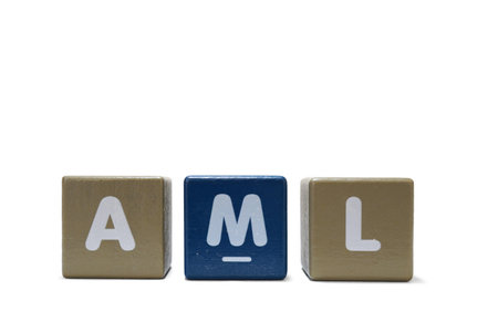 text AML Acute Myeloid Leukemia on colorful wooden isolated on a white background.の写真素材