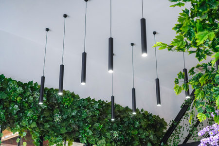 Decorative ceiling lights or hanging lights in the form of black tubes.の写真素材