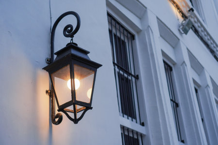 street vintage lantern hanging on the building.の写真素材