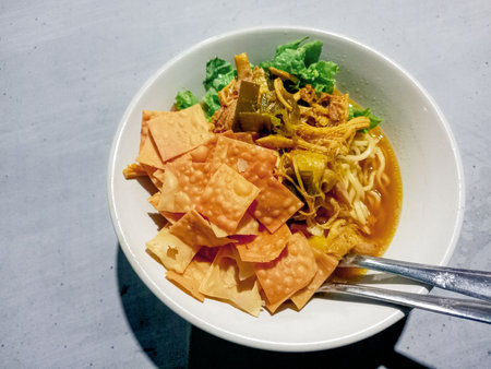 chicken noodle or mie ayam. popular street food in Indonesia.の写真素材