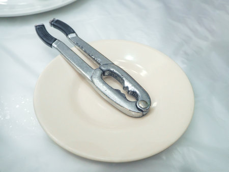 Metal nutcracker or crab cracker on a plate.