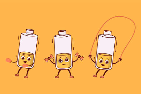 vector illustration of battery cartoon doing sports, low, medium and full battery cartoonのイラスト素材