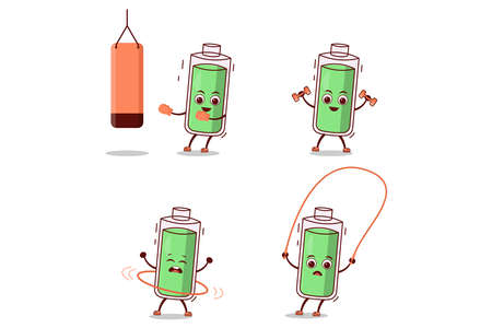 vector illustration of battery cartoon doing sports, low, medium and full battery cartoonのイラスト素材