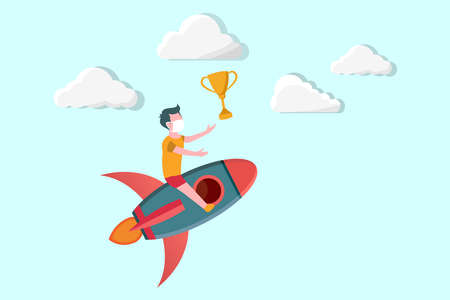 vector illustration of cartoon little boy flying high flying to achieve his dreamのイラスト素材