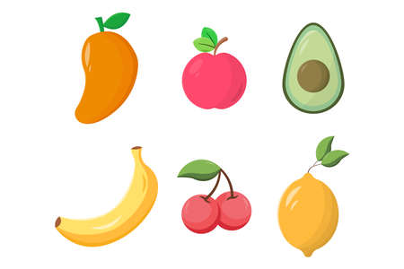 vector illustration of a collection of cartoon fruit, mango, cherry, avocado, banana, apple, lemonのイラスト素材