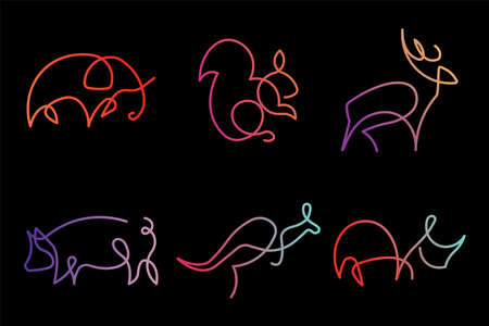 vector illustration of a collection of kangaroo logos, rabbits, pigs, rhinos, elephants, deer, mascot icons, monoline animal logos collectionのイラスト素材
