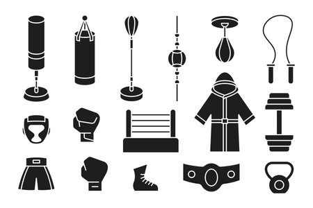 Boxing icons set. silhouette set of boxing equipment vector iconsのイラスト素材