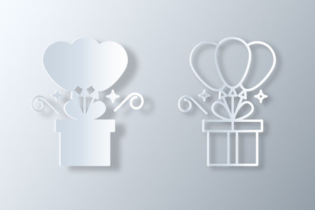 birthday gift box wit heart and balloons in white papercut styleのイラスト素材