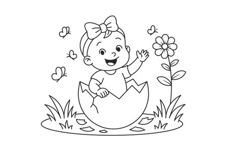 Cute Baby Girl Hatching from Eggshell â Coloring Page Vectorのイラスト素材