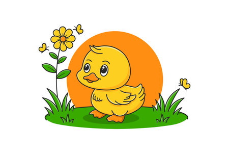 Cute Cartoon Duckling in Garden with Sun and Flowersのイラスト素材