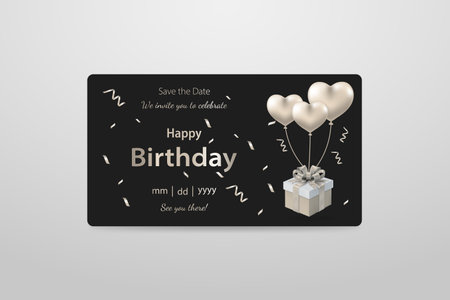 Elegant Black Birthday Invitation Template with Gift Box and Heart Balloonsのイラスト素材