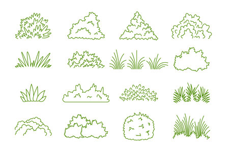 Green Bush and Grass Outline Set â minimalist Nature and Garden Vector Elementsのイラスト素材