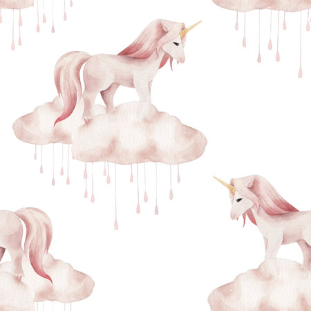 Seamless pattern with cute watercolor unicorns and clouds.の写真素材