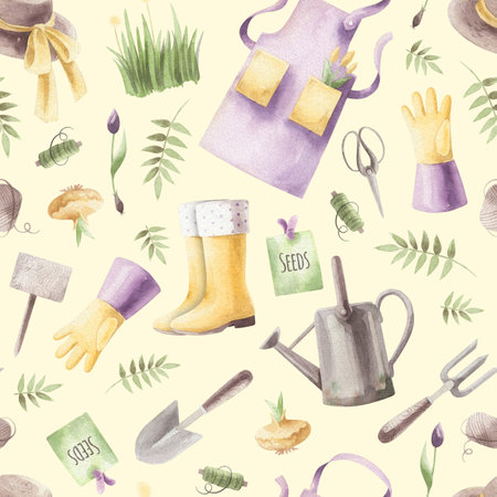 Seamless pattern with gardening tools. Watercolor hand drawn illustration. seamless background.の写真素材