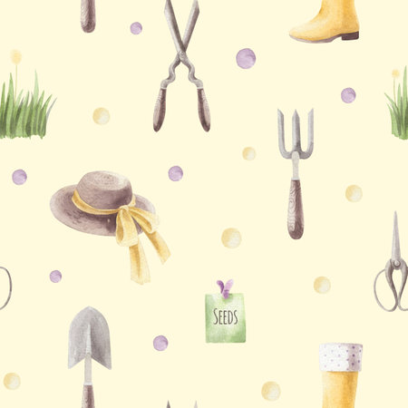 Seamless watercolor pattern with gardening tools. hand drawn illustration.の写真素材