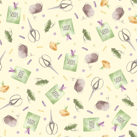 Seamless pattern with needlework tools. watercolor illustration.の写真素材