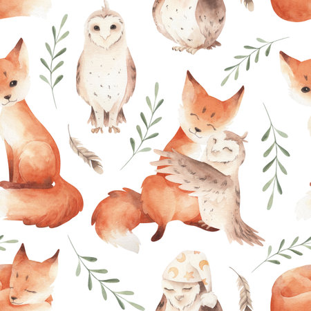 Seamless pattern with cute watercolor foxes and owl.の写真素材