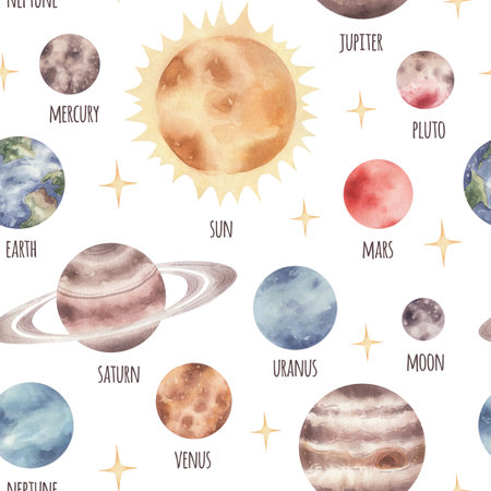 Watercolor space seamless pattern with planets, stars and constellations.の写真素材