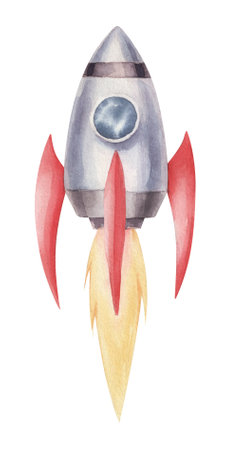 Watercolor rocket isolated on white background. hand drawn illustration. space exploration.の写真素材