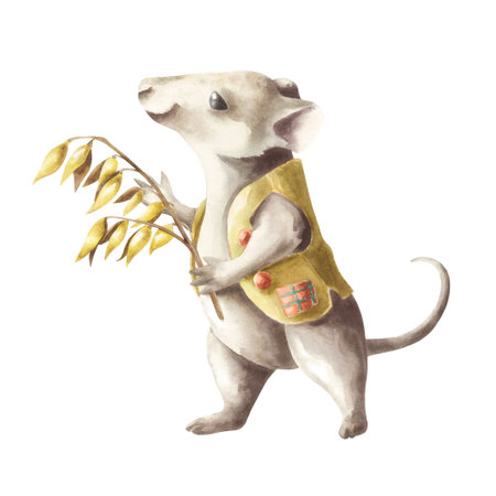 Watercolor illustration of a rat in a yellow jacket with a bouquet of flowers.の写真素材