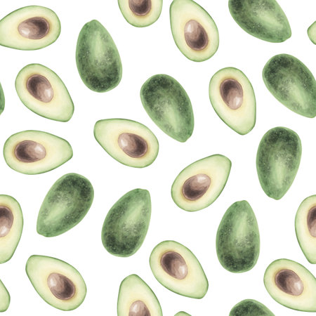Seamless pattern with watercolor avocados on white background.の写真素材