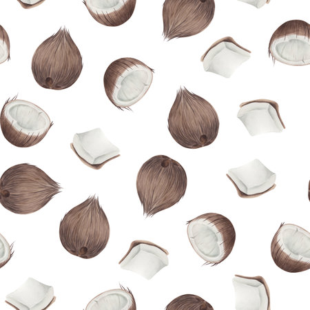 Seamless pattern with coconut on a white backgroundの写真素材