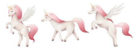 Unicorn set. Watercolor illustration isolated on white background.の写真素材