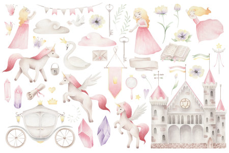 Watercolor fairy tale elements set isolated on white background. hand drawn illustrationの写真素材