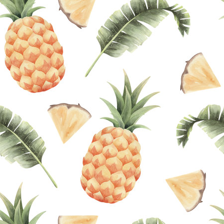 Seamless pattern with watercolor pineapples and banana leaves.