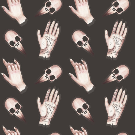 Seamless pattern with human hand and skull. watercolor illustration.の写真素材