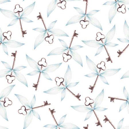 Seamless pattern with keys and wings. watercolor illustration.の写真素材