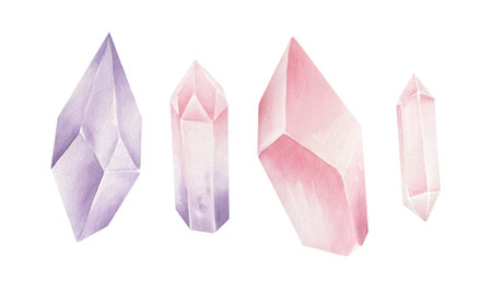 Watercolor pink and purple crystals isolated on white background. hand drawn illustration.の写真素材