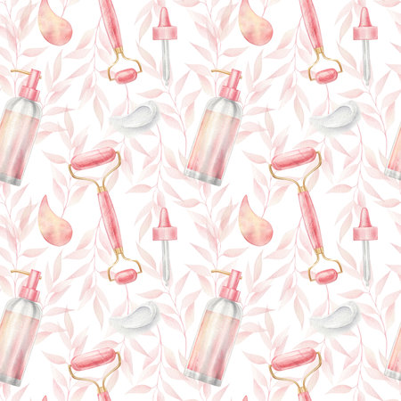 Seamless pattern with beauty products. Hand drawn watercolor illustration.の写真素材