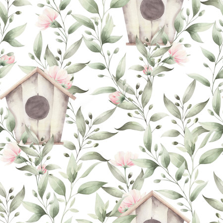 Beautiful seamless pattern with watercolor hand drawn birdhouses and flowersの写真素材