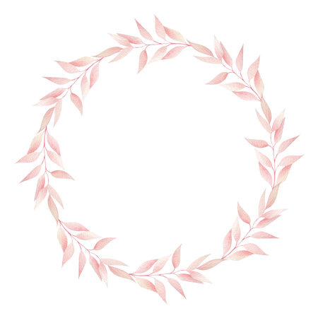 Watercolor floral wreath with pink leaves on a white background.の写真素材