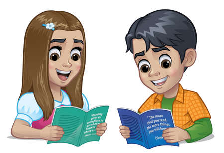 Schoolboy and schoolgirl reading a book together isolated on a white background. Vector illustration, eps 10のイラスト素材