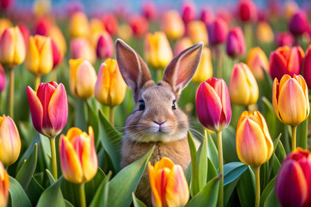 Cute little bunny and colorful tulip flowers in the garden.の素材