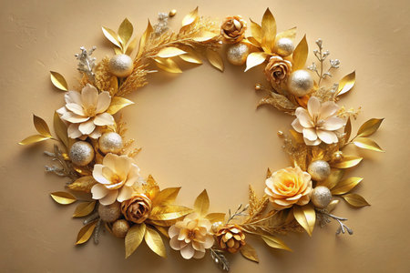Wreath made of beautiful flowers and branches on color background, top viewの素材