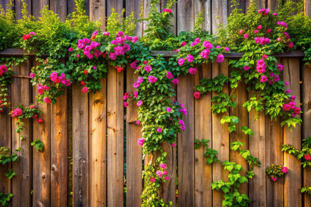 Wooden fence with pink flowers and green plants. Nature background.の素材