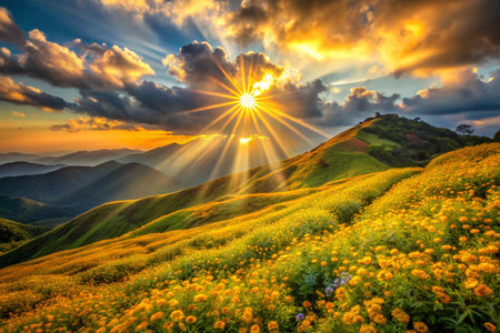 Mexican sunflower on the mountain at Mae Hong Son, Thailandの素材