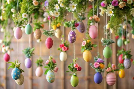 Easter eggs hanging on strings with flowers and green leaves on wooden backgroundの素材